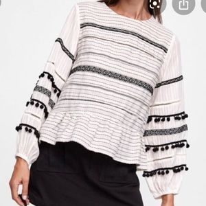 Zara Striped Pom Pom Long Sleeve Top